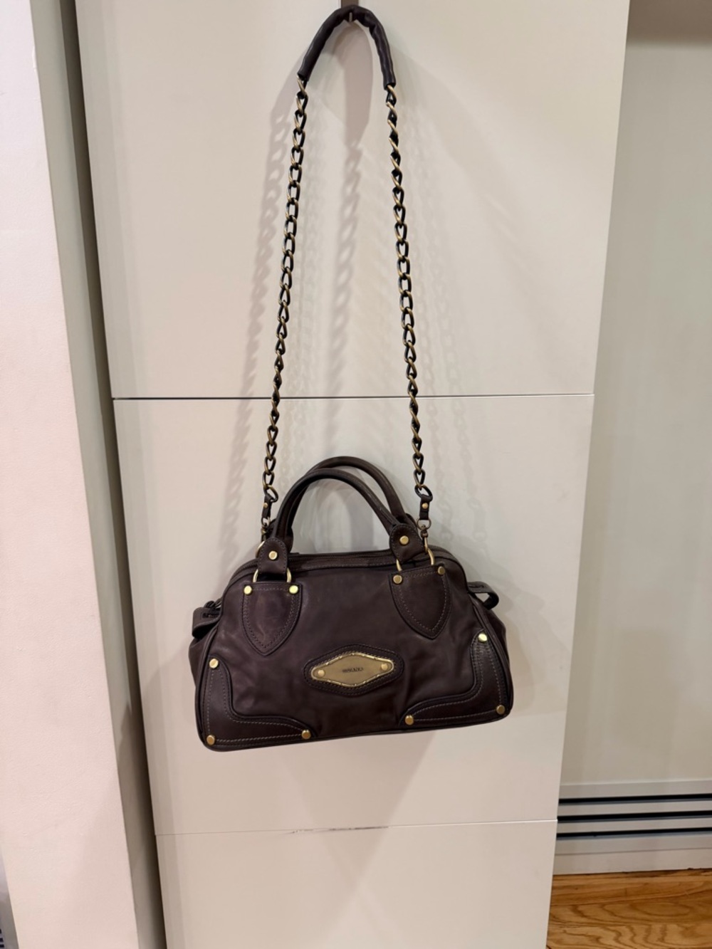 Luana Italian Leather Satchel Dark Olive Brown Chain Strap Top Handle - Picture 12 of 13